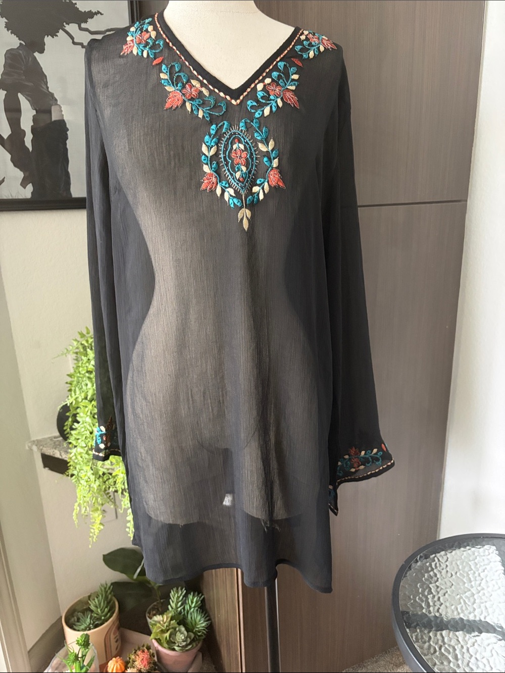 Sheer Black V-Neck Tunic with Turquoise & Coral Embroidery
